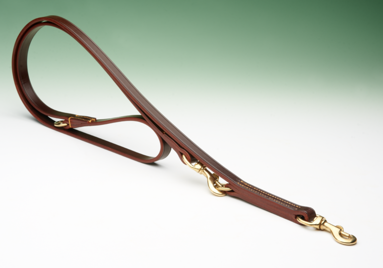 A brown leather dog lead, lies on a white surface, curving gently; it features brass hardware.
