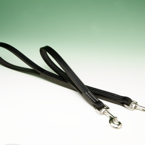 Two short black leather dog leads lie on a white surface, angled slightly, showcasing their metal clips; a blurred green background provides a gradient effect.