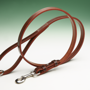 A brown leather dog lead, lying in a loop, rests on a white surface against a blurred green background. The leash has a silver hook at one end.