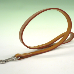 A light brown leather dog lead, lies in a loose oval shape on a white surface against a blurred green background. A silver clasp is visible at one end.